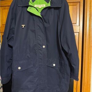 London Fog Dark Blue Coat with Bright Green Interior trim